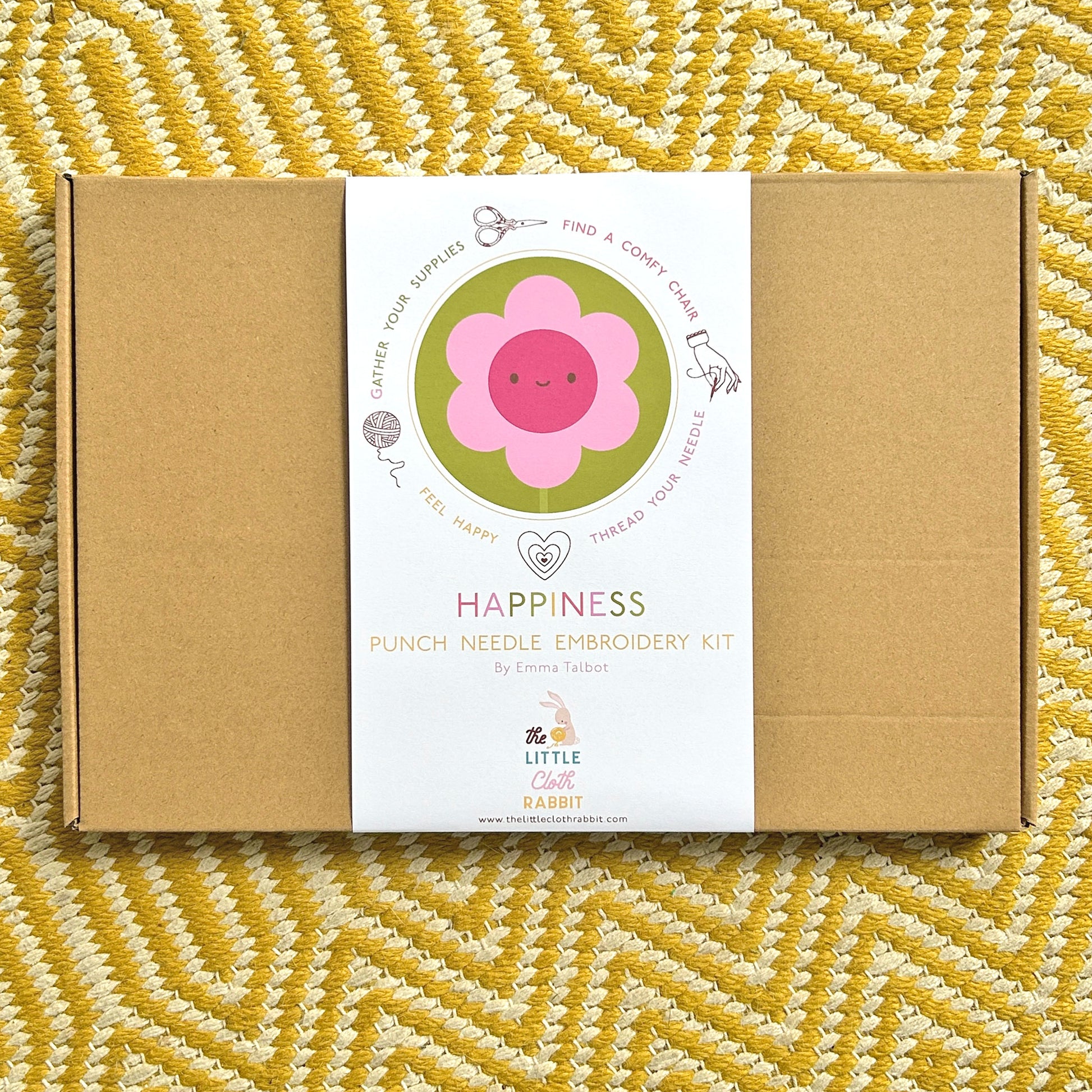 Closed Miniature Punch Needle Flower Kit box with printed Happiness belly band