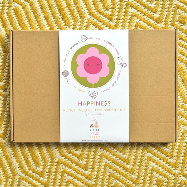 Closed Miniature Punch Needle Flower Kit box with printed Happiness belly band