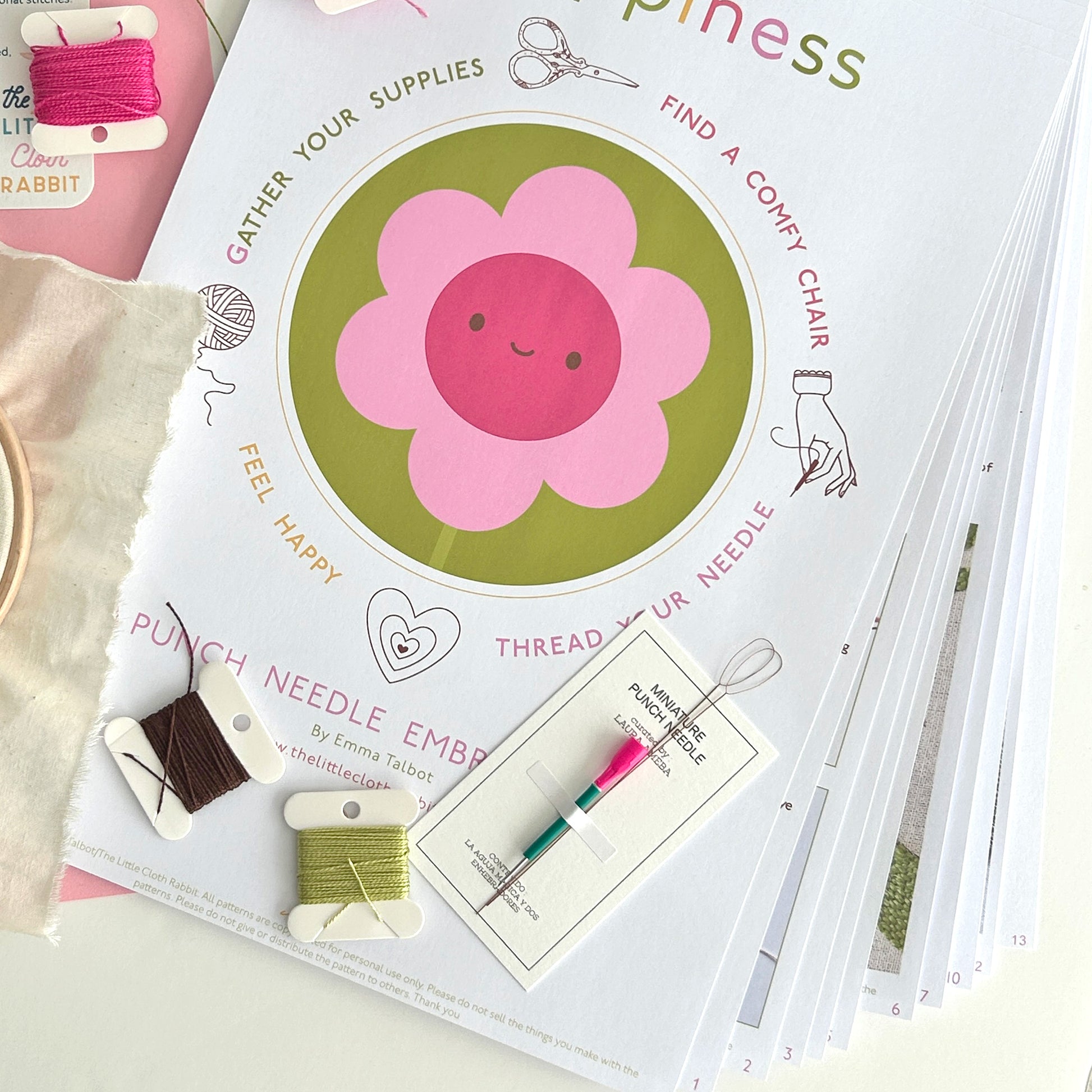 Miniature Punch Needle Flower Kit flat lay with instructions, cotton threads, and the miniature magic punch needle.