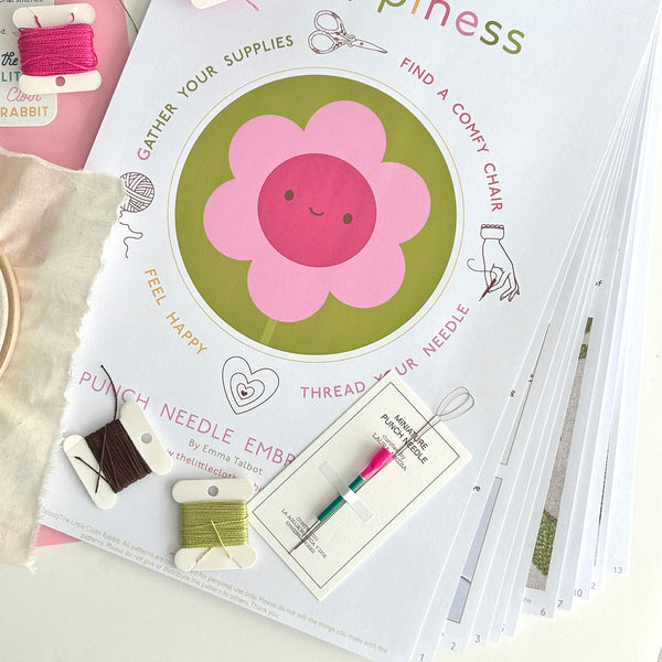 Miniature Punch Needle Flower Kit flat lay with instructions, cotton threads, and the miniature magic punch needle.