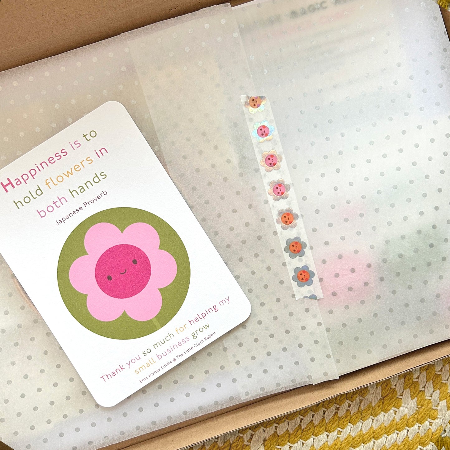 Close-up of Happiness thank-you card with holographic flower washi tape