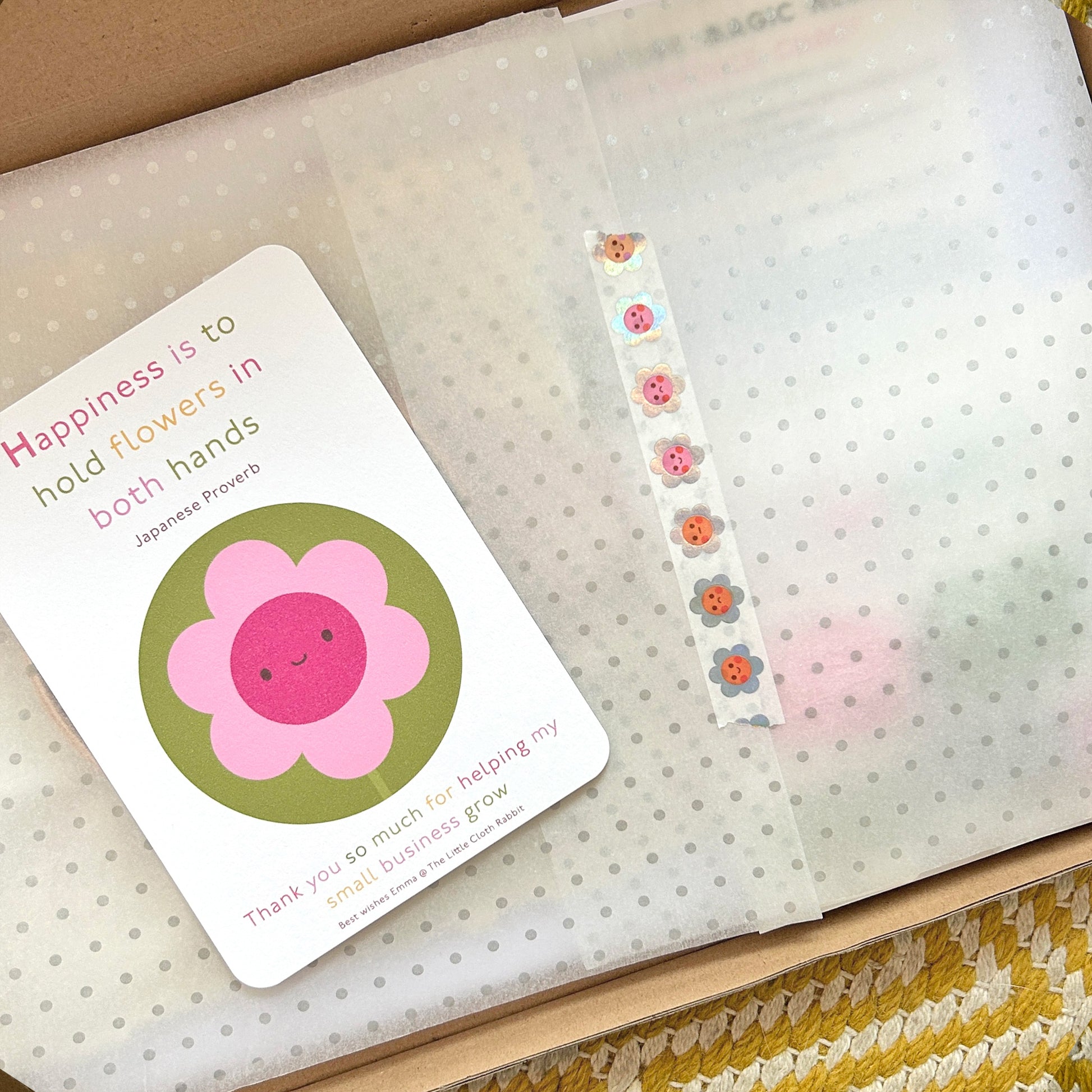 Close-up of Happiness thank-you card with holographic flower washi tape