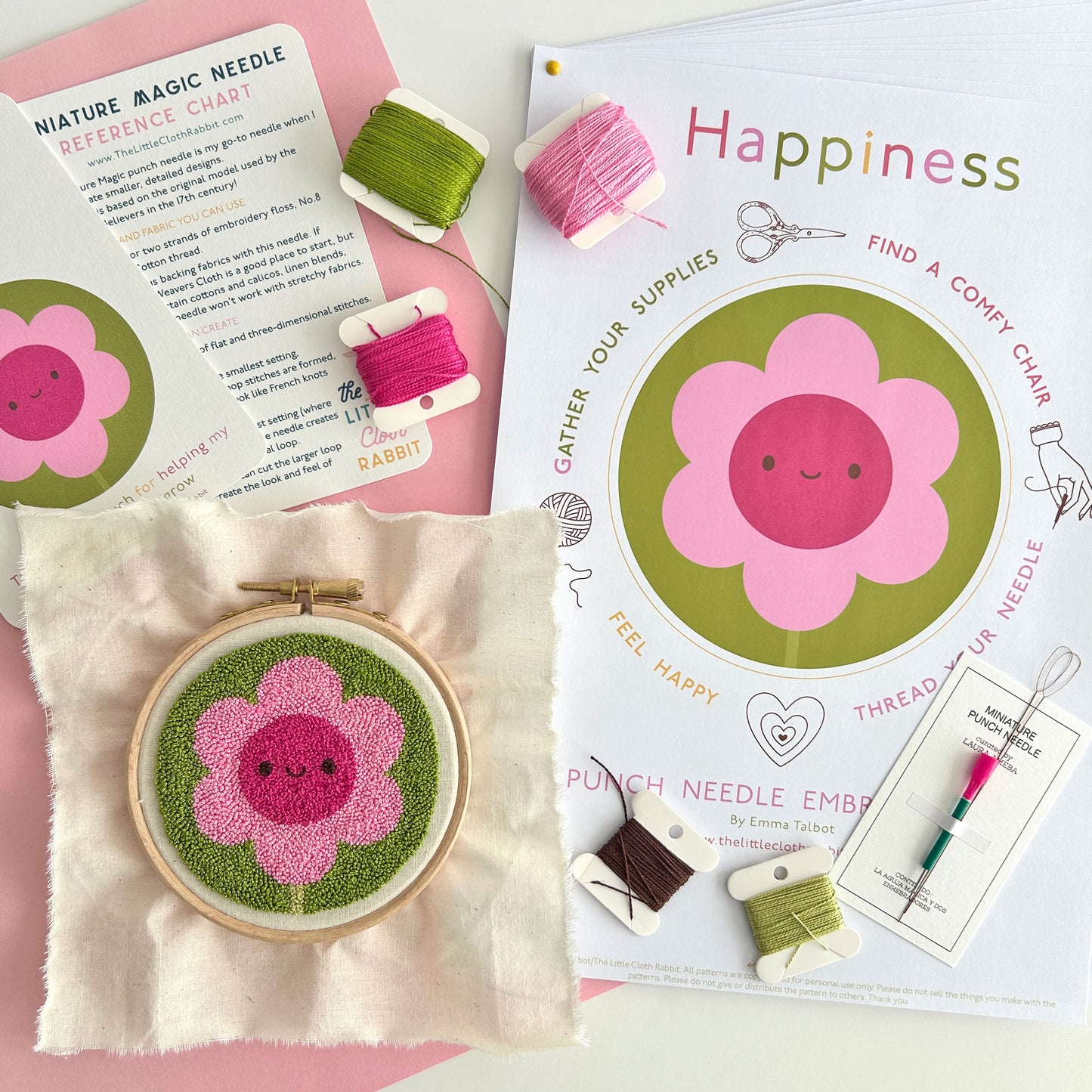Miniature Punch Needle Flower Kit project with threads, hoop, and instructions by The Little Cloth Rabbit